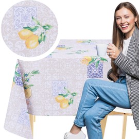 KP HOME Wipe Clean Tablecloth Square 55.1"x 55.1" (140x140cm) - Plastic Table Cloth Wipe Clean, Indoor and Outdoor PVC Oil Cloth Table Cover Waterproof - Lemon Orchard Bliss Pattern