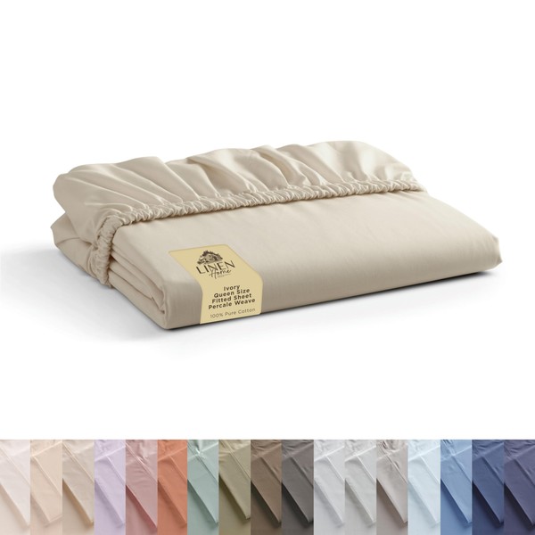 100% Cotton Percale Fitted Sheet Queen Size, Ivory, 1 Deep