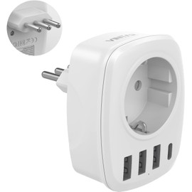 VINTAR Adapter Italy Socket, 5-in-1 Travel Adapter Italy with 3 USB Ports and 1 USB-C Port, Suitable for Travel Adapter in Italy, Maldives, Chile, Uruguay, White, CE Certification Type