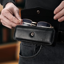 Vemiss Small Presbyopia Glasses Case, Cowhide Leather Folding for Reading Eyeglasses (Black)