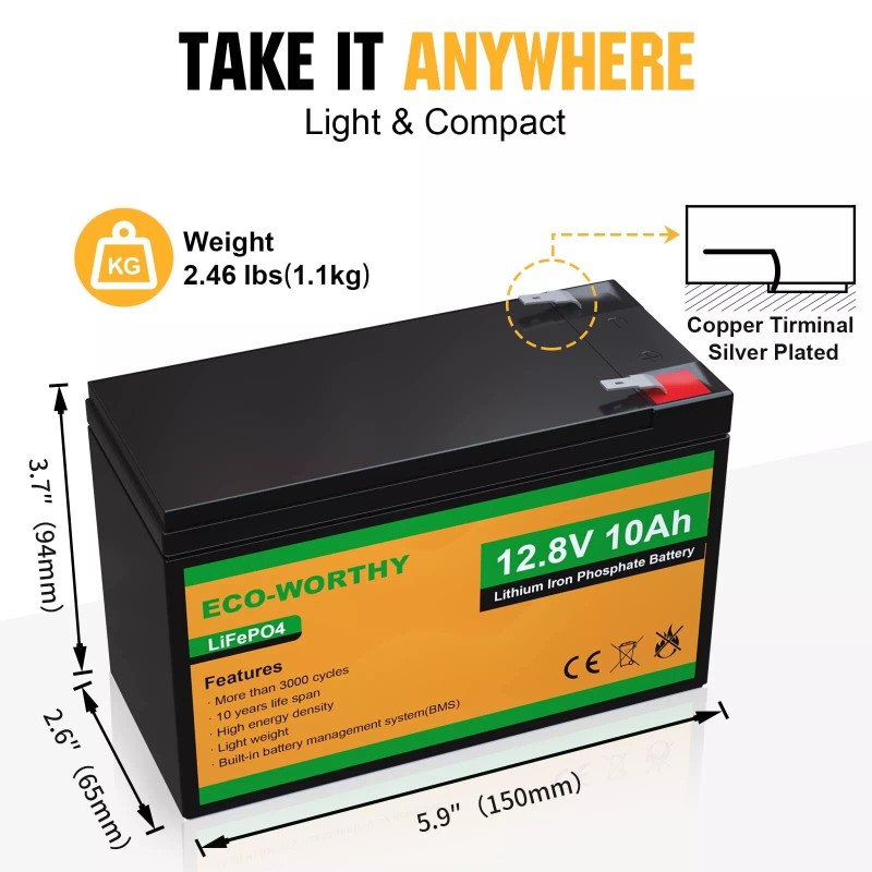 ECO-WORTHY 12V 10Ah Lithium LiFePO4 Deep Cycle Battery with 3000+