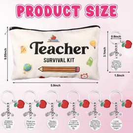 12 Pieces Teacher Appreciation Gifts Set 6 Teacher Survival Kit Makeup Pouch Canvas Cosmetic Bag Toiletry Bag for Travel and 6 Teacher Keychains Appreciation Key Ring for Women Teacher Christmas