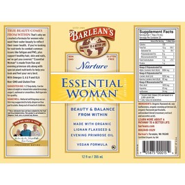 Barlean's Essential Woman Oil Blend Organic Flaxseed and Evening Primrose Oil, Omegas-3, 6 and 9 and GLA, Hormonal Balance & Healthy Hair, Skin and Nails. 12 oz
