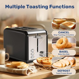 Simple Deluxe 2-Slice Stainless Steel Toaster, Extra Wide Slot Toaster & Removable Crumb Tray, with 6 Browning Setting and 3 Function, for Bread & Waffle, Black