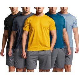 ATHLIO Men's Workout Running Shirts, Sun Protection Quick Dry Athletic Shirts, Short Sleeve Gym T-Shirts, Vent Cool 5pack Black/Charcoal/Dark Teal/Stone/Yellow, Medium