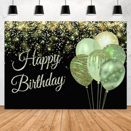 Aperturee 7x5ft Green Happy Birthday Backdrop Glitter Balloons Gold Sparkle Sequins Dots Sweet 16th Girls Women Photography Background Adult Party Decorations Supplies Banner Photo Studio Booth Props