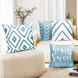 Decorative Throw Pillow Covers 20x20 Inch Sky Blue Pillow Covers for Couch Sofa Living Room Bedroom,Farmhouse Outdoor Throw Pillow Cover,Modern Geometric Linen Square Throw Pillow Case Set of 4