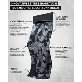 Varraton Fitness Handtuch & Sporthandtuch - ideal für Fitnessstudio, Sport und Gym - Extra Schutzbereich fürs Gesicht - Rutschschutz + Tasche - 100% Baumwolle - 125 x 50 cm