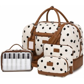 Wogarl 4PCS Weekender Bags for Women Large Overnight Bag Weekend Travel Duffel Bag Carry on Shoulder with Shoe Compartment Canvas Toiletry Bag for Travel Business Gym,Black Dot