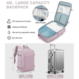 Travel Backpack For Women, 40L Carry-On Backpack, Airline Approved Personal Item Bag, Waterproof Laptop Backpack with Large Duffel, Casual Daypack for Buisness Gym Weekend Hiking (Pink)