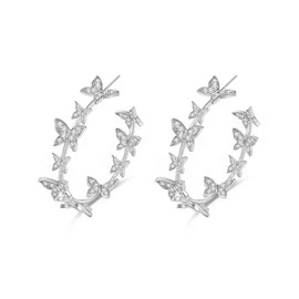 CZ Butterfly Big Hoop Earrings for Women Bride Crystal Open Fake Huggie Hoops Dangle Drop Statement Earring Luxury Jewelry Gifts Wedding (Silver)