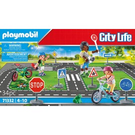 PLAYMOBIL City Life 71332 Educación Vial, Curso de Bicicletas, Bicicletas señales de tráfico y más, Juguetes para niños a Partir de 4 años