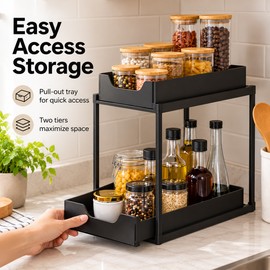 2-Tier Kitchen and Bathroom Organizer Rack – Black Metal Storage Shelf with Open Trays for Countertops, Cabinets and Everyday Essentials