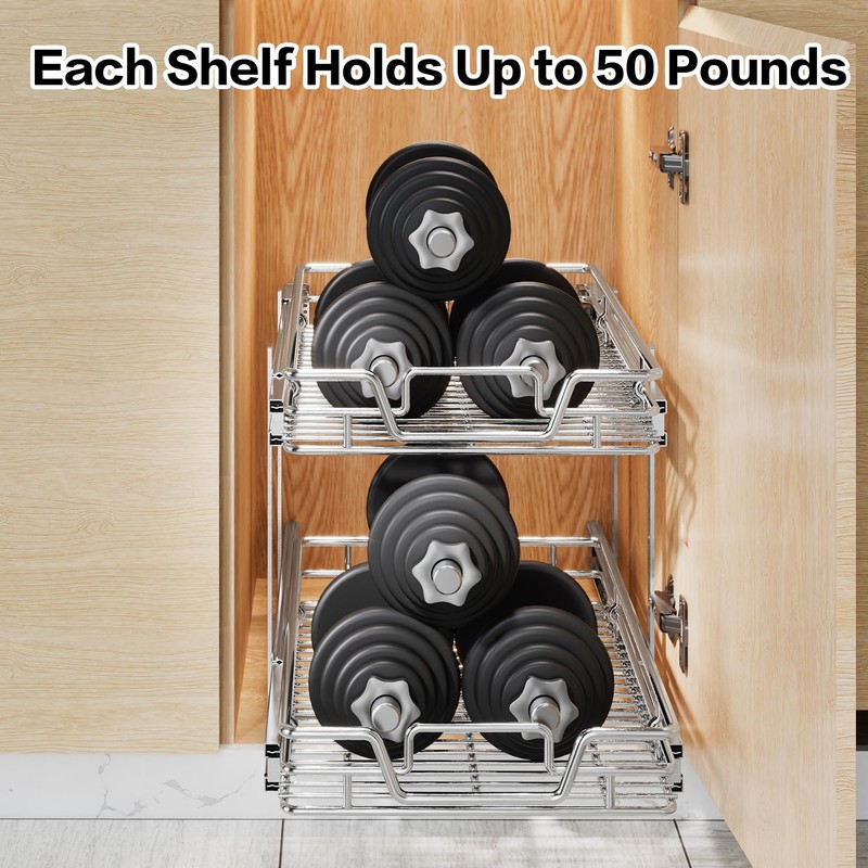 QUYUWU 2-Tier Kitchen Cabinet Pull Out Shelf and Drawer Organizer