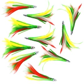 10pcs Mexican Flag Fish WOW!® 4" Mini Feather 1/2oz Bullet Chrome Head Trolling Feather unrigged Tuna Lure Bait