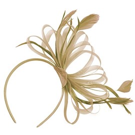 Gold Beige Fascinator Headband Large Wedding Ascot Races Net Hat Feathers