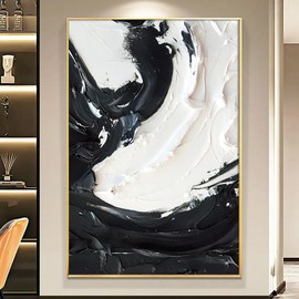 Haruhiart Abstract Black and White Painting 16x24in Textured Wall Art for Living Room, Bedroom, Office