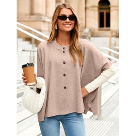 Simplee Womens Oversized Batwing Short Sleeve Cardigan Crewneck Button Down Knit Sweaters Pullover Fall Tops 2025 Outerwear (Light Coffee M)