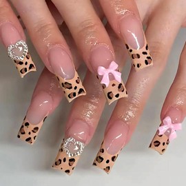 24Pcs French Tip Press on Nails Long Fake Nails with Bow Heart Rhinestone Leopard Designs Square Nalis Press ons Glossy Glue on Nails Nude Full Cover Extra Long Artificial Stick on Nails for Women