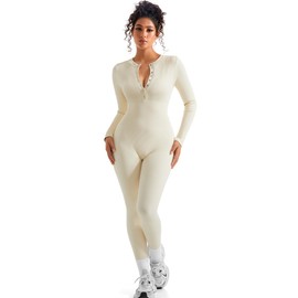 SUUKSESS Women Long Sleeve Ribbed Workout Jumpsuit Seamless One Piece V Neck Button Down Yoga Jumpsuits (Apricot,M)