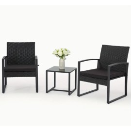 3 Piece Bistro Set Outdoor Patio Table & Chairs Rattan Wicker Furniture Black