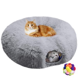 Naielfopet Cat Tunnel Bed with Central Mat, Soft Fluffy Plush Cat Tube Playground Toys, Collapsible Multi-Combinations Donut Circle Tunnel for Indoor Cat Kitten Kitty Puppy Rabbit Ferret (Gray)