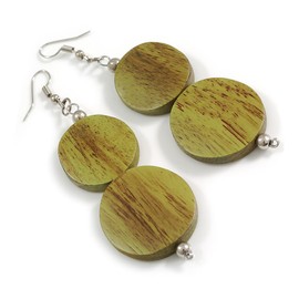 Earthy Harmony Olive Green Double Bead Wooden Dangle Earrings - 85mm Total Length
