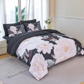 ZSYAYAHA King Size Floral Bedding Set with Comforter Floral Bed Set 7 Pieces Peony Flower Comforter Set Reversible Black Bed in A Bag(Black Beige, King)