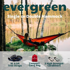 Evergreen Lightweight Outdoor Portable Camping Hammock - Single & Double with Tree Straps for Backpacking, Camping, Travel, Hiking (Double, Red)