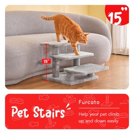 Furcato 15''H Multi-Step Pet Stairs for High Beds & Sofas, 3-Step Cat Stairs with 2 Toy Balls, Wide Boards for Indoor Kittens Dogs Pets Climbing, Light Grey