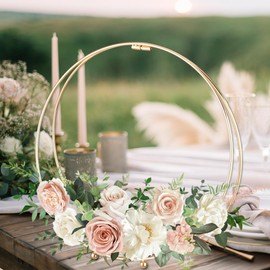 3 Pack 14 Inches Metal Double Floral Hoop Centerpieces with Stand and 38-Yard Paddle Wire Craft Centerpiece Table Decorations Wedding/Baptism/Party/Centerpiece DIY Metal Ring Table Décor, Gold