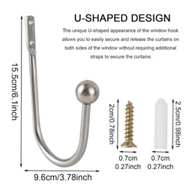 GWAWG 2 PCS Metal Curtain Holdback Decorative Curtain Drapery Holdbacks Arms Wall Mounted Curtain Tie Backs Drapery Holdbacks Hooks with Screws for Fixed Curtain and Hanging Clothes (Silver)