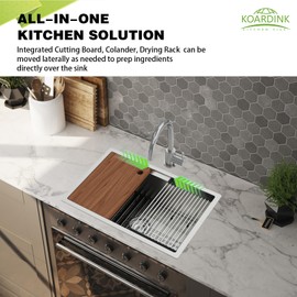 Kitchen Sink Workstation, 27x18 Inch Stainless Steel Drop In Kitchen Sink Modern Undermount Single Bowl Kitchen Sink Gift Combo-SS Grid,Drying Rack,Cutting Board,Sink Clip, Drain Strainer Set
