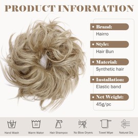 Hairro Messy Hair Bun for Women Tousled Updo Bun Ponytail Hair Piece Fake Hair Bun Synthetic Scrunchies Extensions Curly Wavy Hairpiece 45g (Ash Blonde)