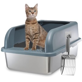 Stainless Steel Cat Litter Box with Lid, XXL Extra Large Metal Litter Box for Big Cats, High Sides Enclosed Cat Litter Box with Anti-Urine Leakage, Easy Clean, Include Litter Scoop