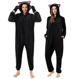 Ezuwail Black Cat Onesie Costumes Women/Men with Hood and Cat Paw Covers Cat Costume Outfit for Adult