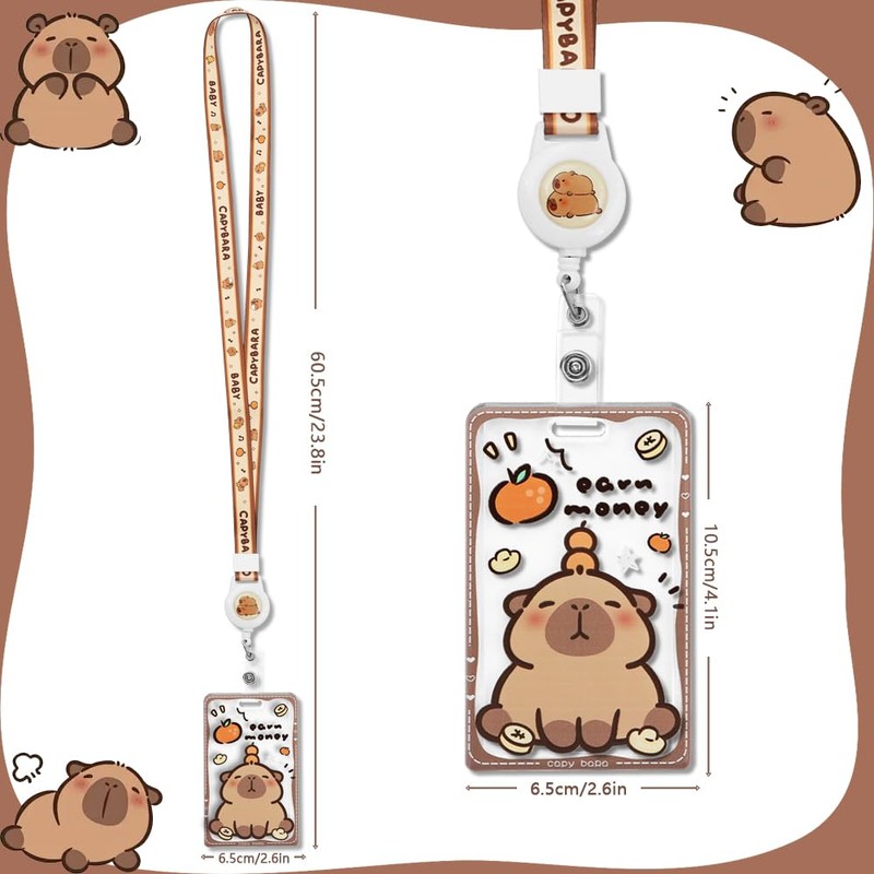 Capybara Orange Card Holder with Brown Edge Extendable Lanyard, Cute