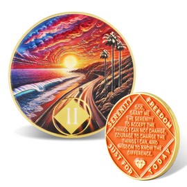 Leafence Sunset Beach Sobriety Coin Commemorative Coin Recovery Addiction NA AA Chips and Medallions with Inspirational Quote Narcotics Alcoholics Anonymous Gifts (Sunset Beach Road, 2 Years)