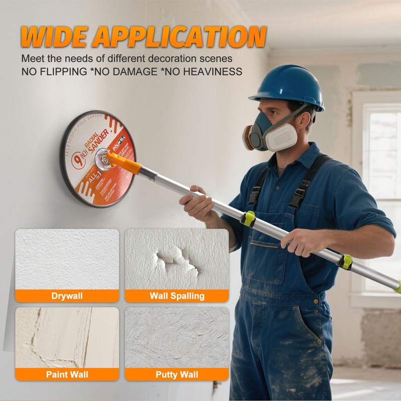 POLIWELL 9 Inch Drywall Pole Sander with 3-Foot Extension Pole