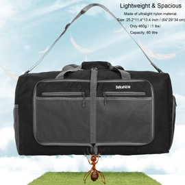 Bekahizar 60L Foldable Duffle Bag Large Lightweight Packable Travel Weekend Duffel with Shoe Compartment and Shoulder Strap for Luggage, Gym, Sport, Camping, Storage, Shopping (Black)