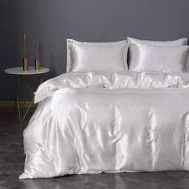 Sleepymoon Duvet Cover Set Silk Like Twin Full Queen King (Cream, King) (Only Duvet Cover+ Pillow Sham. Comforter or Duvet Not Included)