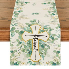 Artoid Mode Blessed Cross Eucalyptus Table Runner, Spring Summer Seasonal Kitchen Dining Table Decoration for Home Party Decor 13 x 60 Inch