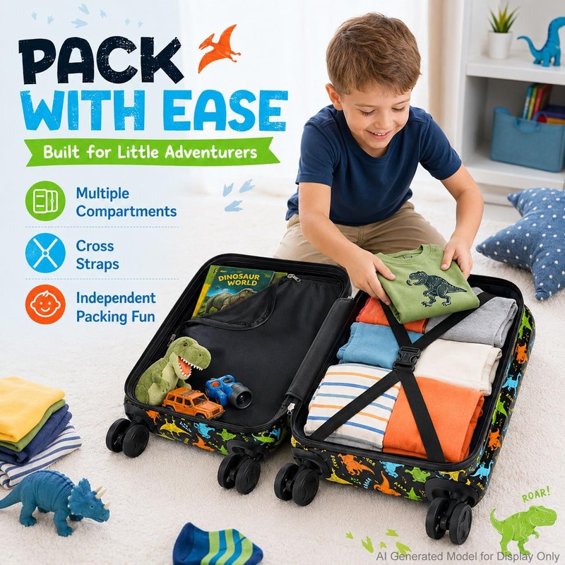 Kids Suitcase Set for Boys, Hardside 2Pcs Carry on Rolling
