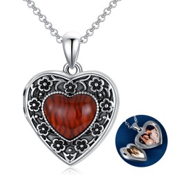 Heart Locket Necklace That Holds Pictures Sterling Silver Flower Lockets Jewelry for Women - Always in My Heart (Cherry Blossoms-Red Agate)