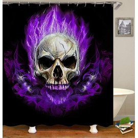 Jayden&Madge 4PCS/Set Flame Skull Shower Curtain, Fantasy Burning Skeleton Bathroom Decor, Waterproof Polyester Cloth Fabric Bath Curtain, Non-Slip Bathroom Mat Toilet Rug Black Bath Mat, Purple