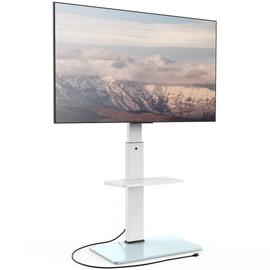 FITUEYES Floor TV Stand with Power Strip for TVs 32-75 Inch TVs, Universal TV Stand for Bedroom Living Room with Tempered Glass TV Stand, Swivel TV Stand Holds Up to 88lbs MAX VESA 600x400mm,White