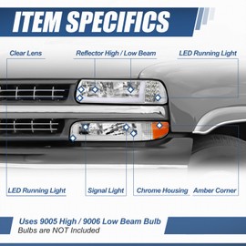 Auto Dynasty 4PCS LED DRL Headlights Assembly and Bumper Lamps Compatible with Chevy Silverado Suburban 1500 2500 3500 Tahoe 99-06, Driver and Passenger Side, Chrome Housing Amber Corner