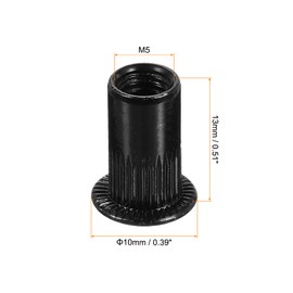 sourcing map M5 Rivet Nuts Carbon Steel Knurled Flat Head Threaded Insert Nut Black 60Pcs