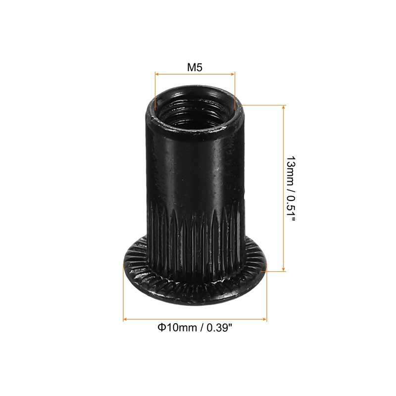 sourcing map M5 Rivet Nuts Carbon Steel Knurled Flat Head