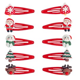 TRIXES 10PK Christmas Hair Clips - Festive Accessories Featuring Santa, Rudolf, Snowmen and Xmas Trees - 5-Pairs of Red Hair Clips